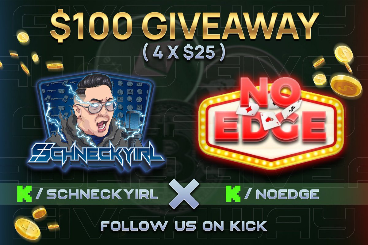 🎁$100 GIVEAWAY (4x$25)!🎁

🔥SchneckyIRL X NoEdgeSlots🔥

✅Like/RT + Tag 2 Friends
✅Follow <a href="/SchneckyIRL/">SchneckyIRL | SchneckyRewards.GG</a> 
✅Follow <a href="/NoEdgeSlots/">NoEdge</a> 

👉Kick.com/NoEdge
👉Kick.com/SchneckyIRL