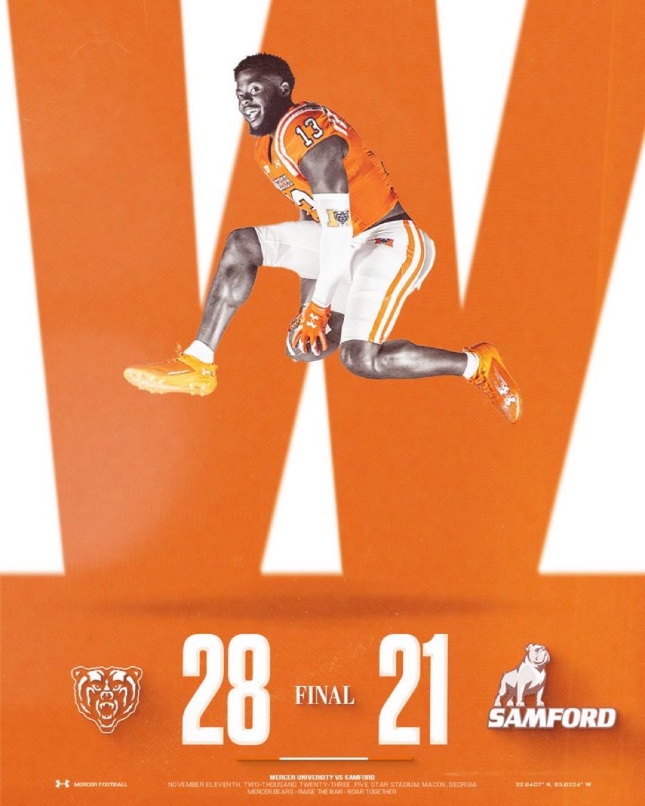 Historic win for Mercer Football.  Advance to 8-3.  Playoff bid awaits our Bears.  Congrats, Go Bears, and Light the Bridge!