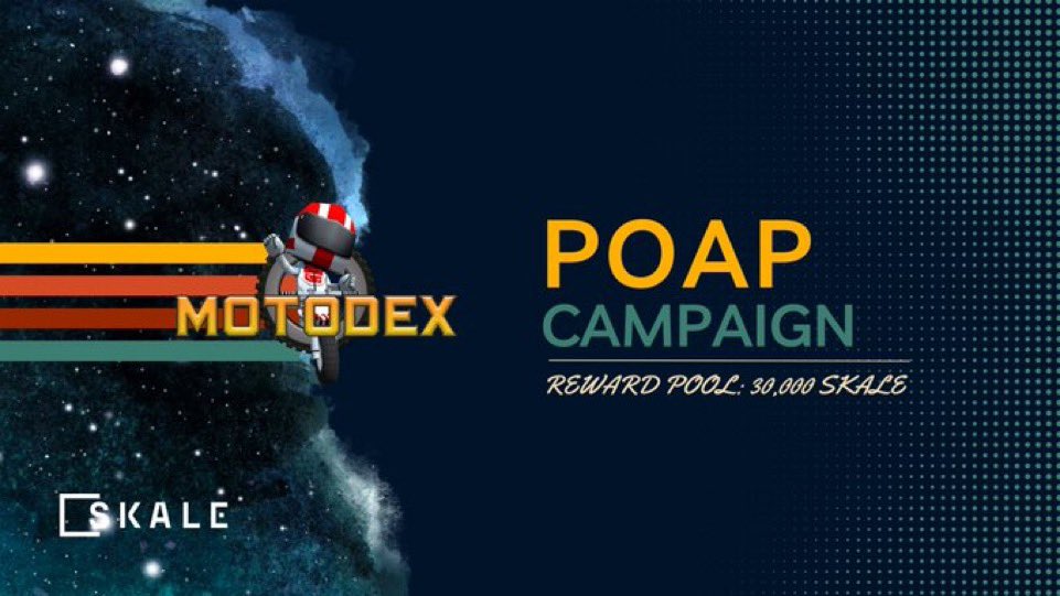 Join the MotoDEX x @SkaleNetwork POAP campaign live now! 

Prize : 30,000 $SKL 
VIST :motodex.openbisea.com/?chain=skale
Connect wallet & switch to SKALE 
Click POAP & confirm 

Play , enjoy and take the chance to win some $SKL

Go crazy 🚀🚀🚀🔥