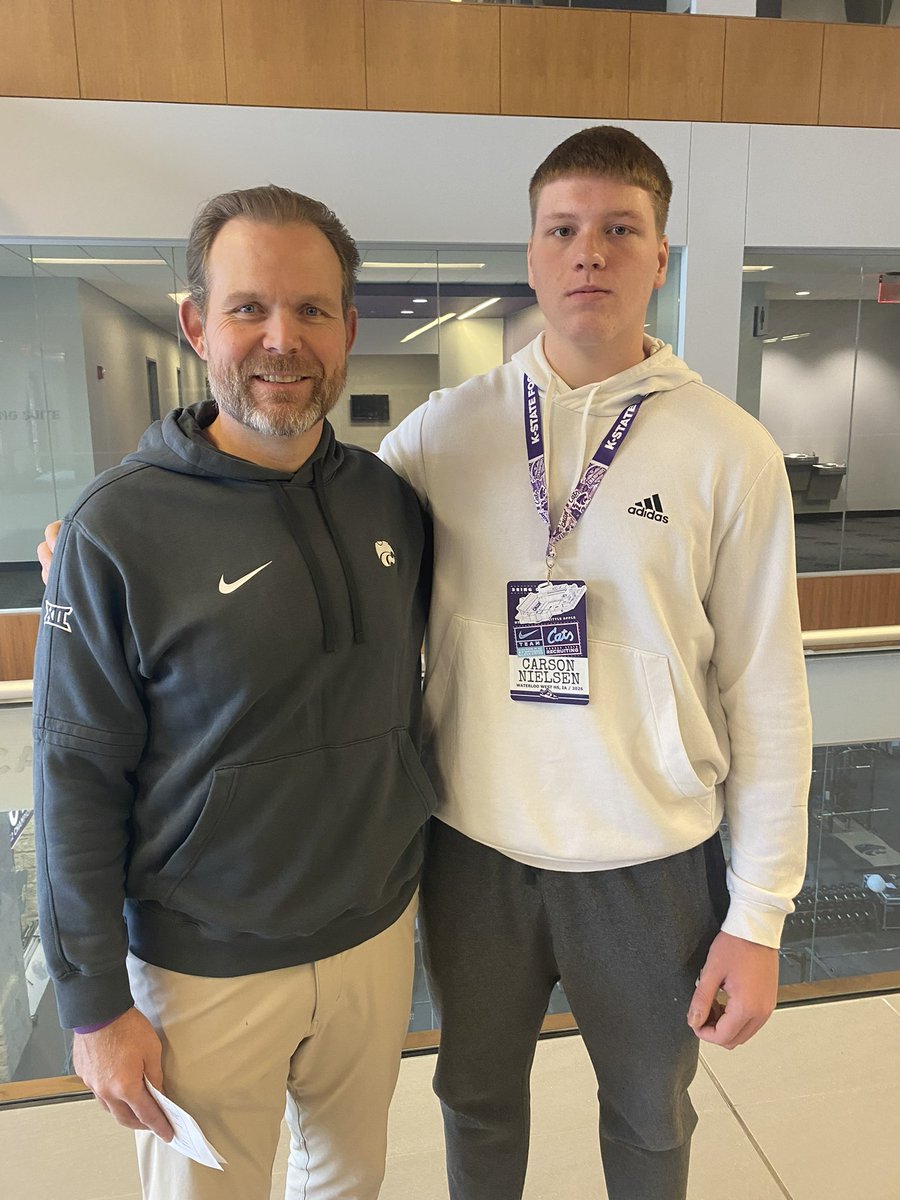 Carson Nielsen (@carsonnielsen8) on Twitter photo After a great visit and conversation with <a href="/CoachCRiles/">Conor Riley</a> I’m blessed to receive my 3rd D1 offer from Kansas Sate University #EMAW
<a href="/WahawkFootball/">Waterloo West High School Football</a> <a href="/TheStrengthU/">JC Moreau</a> <a href="/KStateFB/">K-State Football</a> After a great visit and conversation with <a href="/CoachCRiles/">Conor Riley</a> I’m blessed to receive my 3rd D1 offer from Kansas Sate University #EMAW
<a href="/WahawkFootball/">Waterloo West High School Football</a> <a href="/TheStrengthU/">JC Moreau</a> <a href="/KStateFB/">K-State Football</a>
