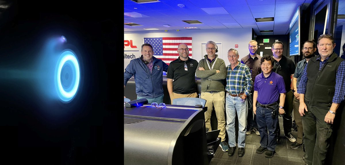 marstimrdad's tweet photo. On Nov 8th, @MissionToPsyche  made history with the first-ever firing of Hall Effect Thrusters in interplanetary space. A JPL/Maxar team watched it unfold from mission control. Congratulations!

(Below is Psyche’s thruster firing on Earth - no pics from space, just telemetry...) https://t.co/97SoonDiGY