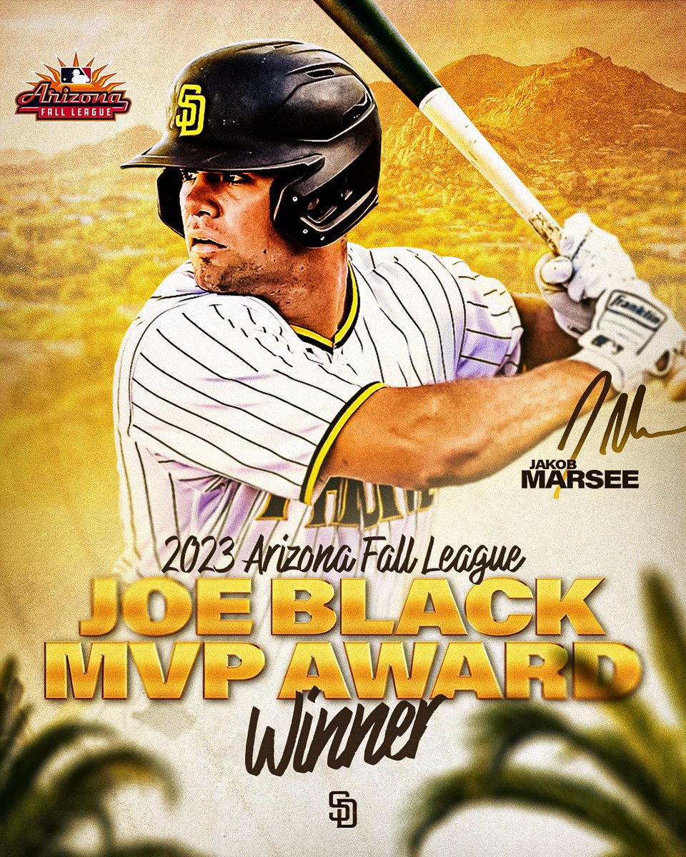 San Diego Padres (@padres) on Twitter photo Jakob was dominant in the desert ๐๏ธ
Congrats to <a href="/marsee32/">Jakob Marsee</a> on receiving the 2023 Arizona Fall League Joe Black MVP Award! Jakob was dominant in the desert ๐๏ธ
Congrats to <a href="/marsee32/">Jakob Marsee</a> on receiving the 2023 Arizona Fall League Joe Black MVP Award!