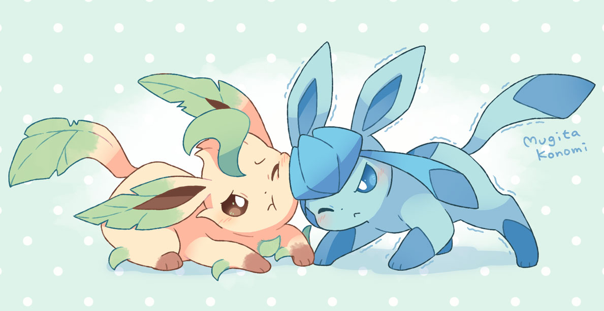 glaceon ,leafeon pokemon (creature) no humans one eye closed trembling brown eyes closed mouth blue eyes  illustration images