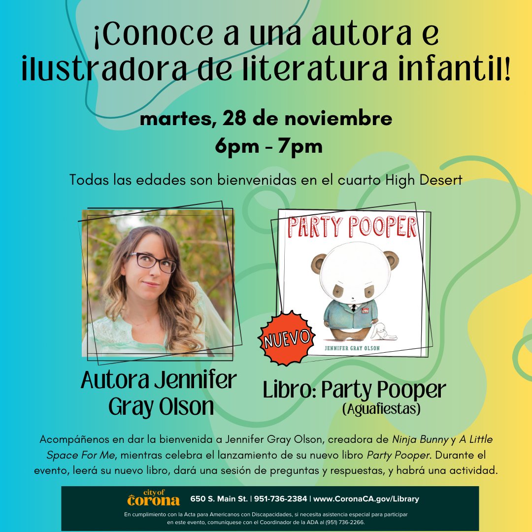 Corona Public Library (@coronalibrary) on Twitter photo All ages welcome to join us for a special storytime featuring author and illustrator Jennifer Gray Olson (<a href="/jgrayolson/">Jennifer Gray Olson</a>)!
Tuesday, November 28th from 6-7pm in the High Desert Room.
#jennifergrayolson #coronapubliclibrary All ages welcome to join us for a special storytime featuring author and illustrator Jennifer Gray Olson (<a href="/jgrayolson/">Jennifer Gray Olson</a>)!
Tuesday, November 28th from 6-7pm in the High Desert Room.
#jennifergrayolson #coronapubliclibrary