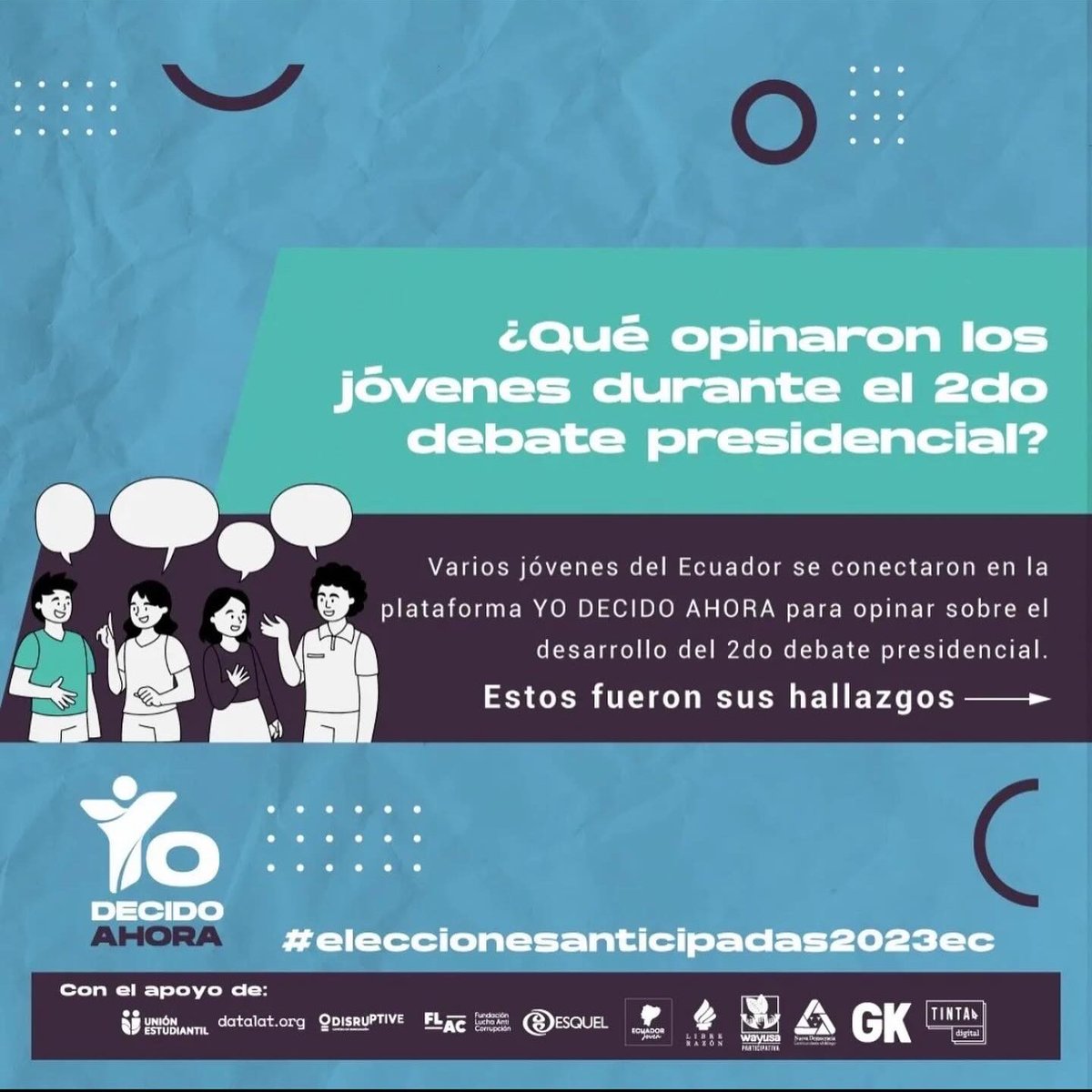 CIDisruptive's tweet photo. #YoDecidoAhora 🗳️
26 días han transcurrido desde las últimas elecciones en Ecuador. Esta es la opinión de los jóvenes durante el debate presidencial 
#YoDecidoAhora #segundavuelta #eleccionesanticipadas2023
#ReporterosCiudadanosEC #EleccionesTransparentes #democraciainformada https://t.co/RCXXckCi5a