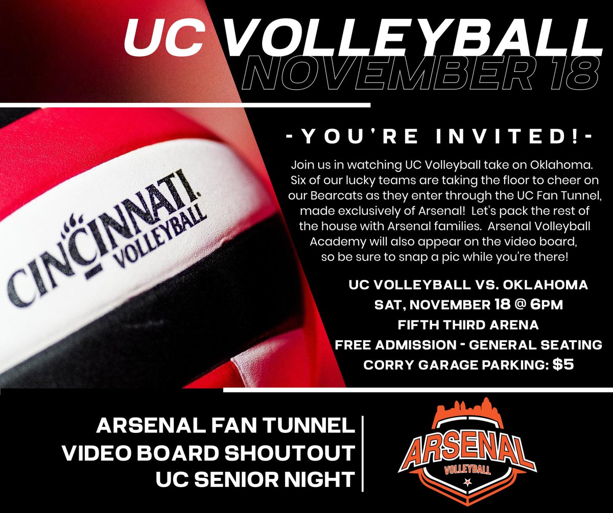 cincyarsenal's tweet photo. Arsenal Goes to UC!  Join us Sat, Nov 18 @ 6PM to watch UC vs. Oklahoma. The UC Pregame Fan Tunnel will be exclusive to 6 lucky Arsenal teams that evening with special Video Board Shoutout! More details: https://t.co/U7pzvFrfqp
#arsenalstrong #arsenalproud https://t.co/f0DP5L1doZ