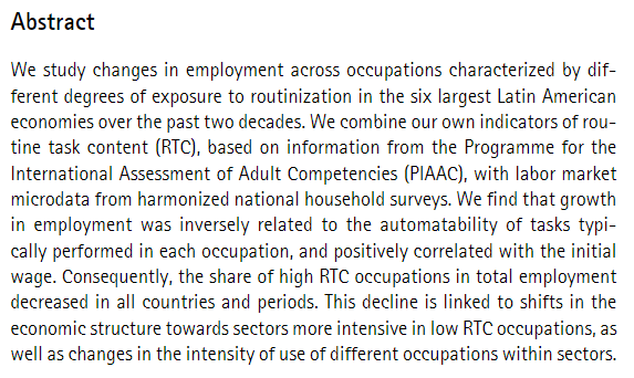 Super contentos publicar nuestro artículo sobre rutinización 🤖 y empleo 👷‍♀️ en Latinoamérica en #DesarrolloySociedad <a href="/EconomiaUAndes/">Economía Uniandes</a>

Con tremendo equipo de coautores : #IreneBrambilla, <a href="/Andi__Cesar/">Andrés César</a>, <a href="/guille_falcone/">Guillermo Falcone</a> y #LeoGasparini

🔗 revistas.uniandes.edu.co/index.php/dys/…

👇🧵 [1/10]
