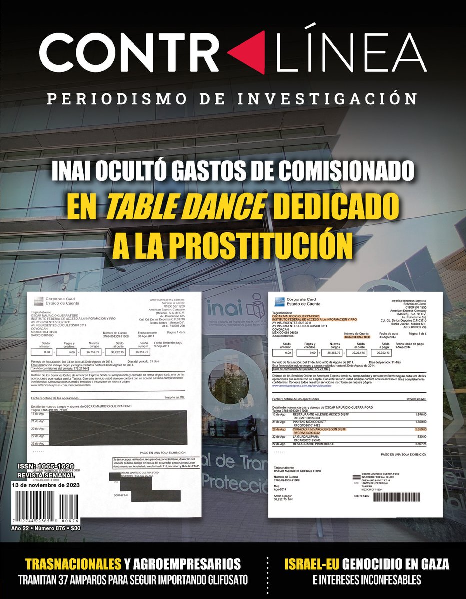 contralinea's tweet image. PORTADA | @INAImexico ocultó gastos de comisionado en #tabledance dedicado a la #prostitución

#Contralínea 876 #PeriodismodeInvestigación  

Lee aquí 👉 ow.ly/ECKI50Q6Hv1