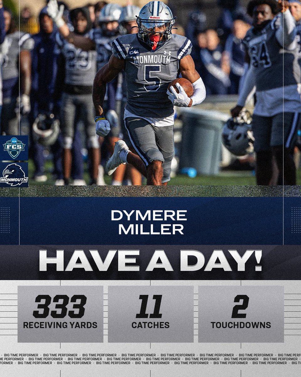 Call him Mr. Nonstop 😮‍💨

<a href="/miller_dymere/">MERE ひ</a> had 333 receiving yards for <a href="/MUHawksFB/">Monmouth Football</a> against New Hampshire.

#FCS