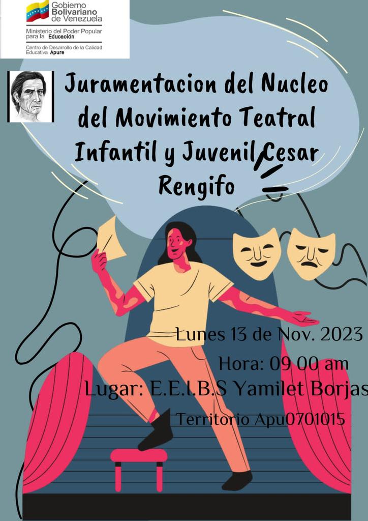 Este 13 de noviembre a nivel nacional se in juramentan los Núcleos de Teatro César Rengifo.  . Acompáñanos <a href="/NicolasMaduro/">Nicolás Maduro</a> <a href="/_LaAvanzadora/">Yelitze Santaella</a> <a href="/vicent_carvajal/">Vicente Carvajal</a> <a href="/WuikelmanAngelP/">Wuikelman Angel P.</a> <a href="/ViceComunidades/">Viceministerio de Comunidades Educativas</a> <a href="/info_mppe/">INFO MPPE</a> @MPPEDUCACION