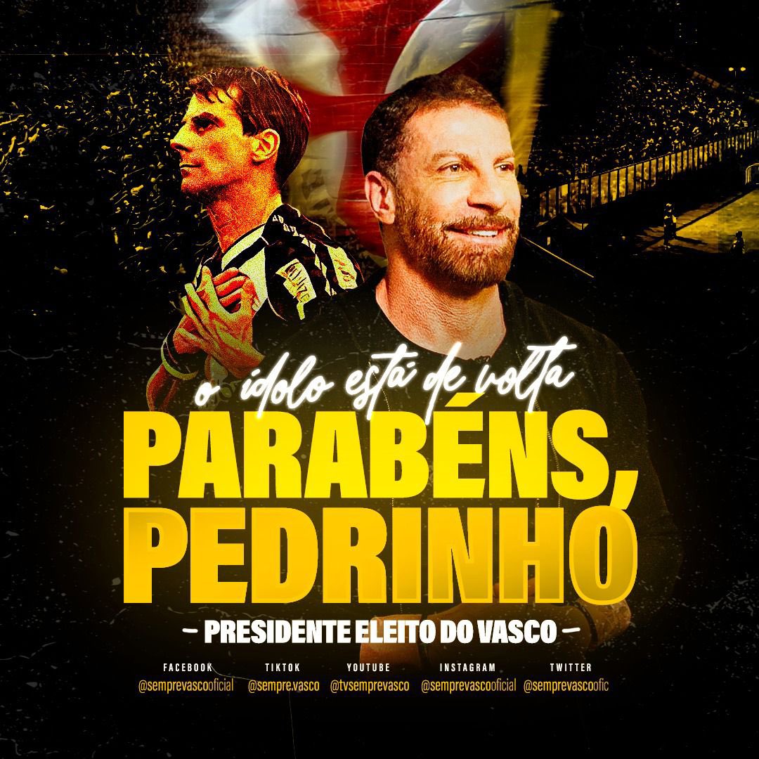 Será muito mais que uma boa gestão, será uma devoção ao nosso Vasco da Gama.

O ídolo está de volta. 

PEDRINHO É O NOVO PRESIDENTE DO GIGANTE DA COLINA!
