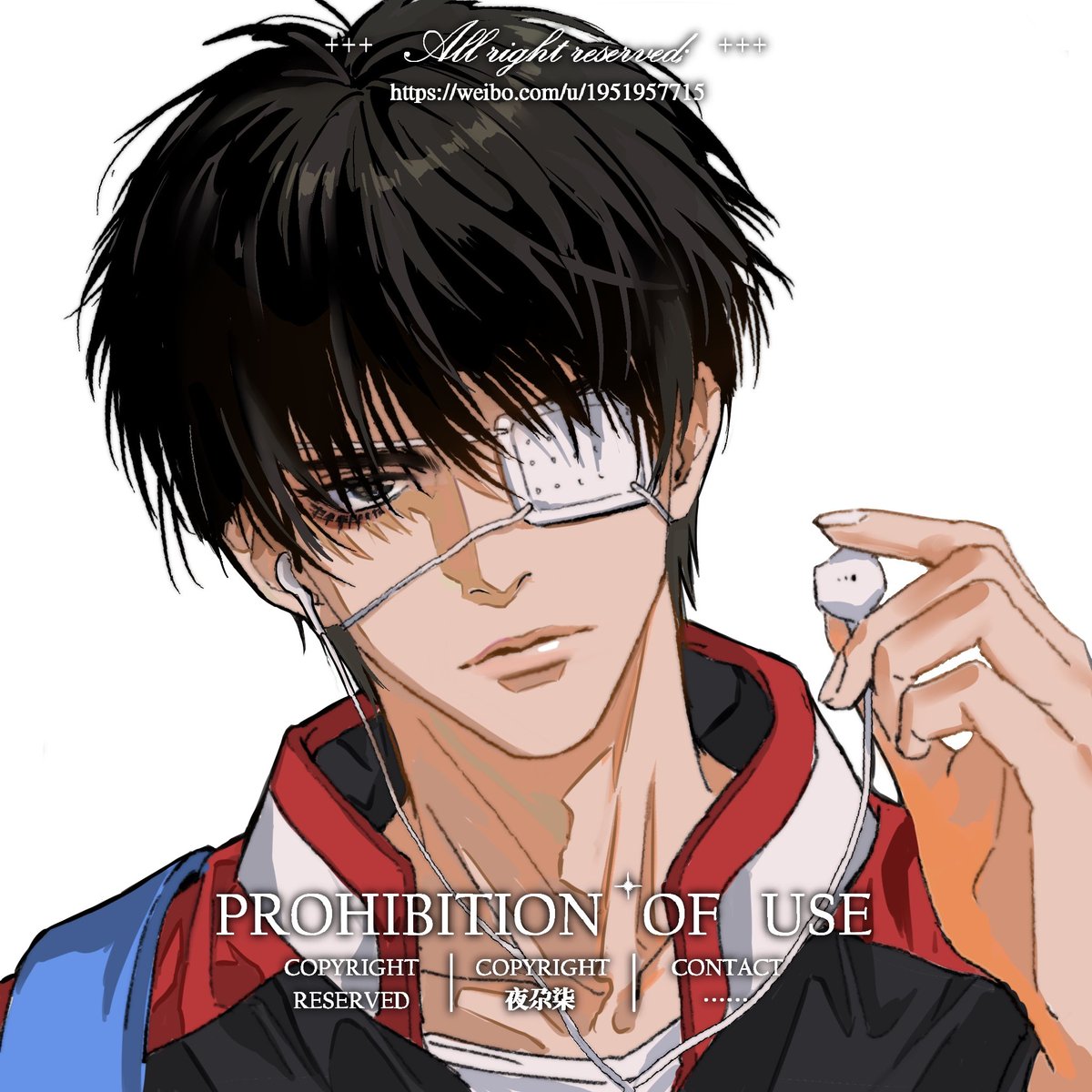 1boy male focus eyepatch black hair solo jacket earphones  illustration images