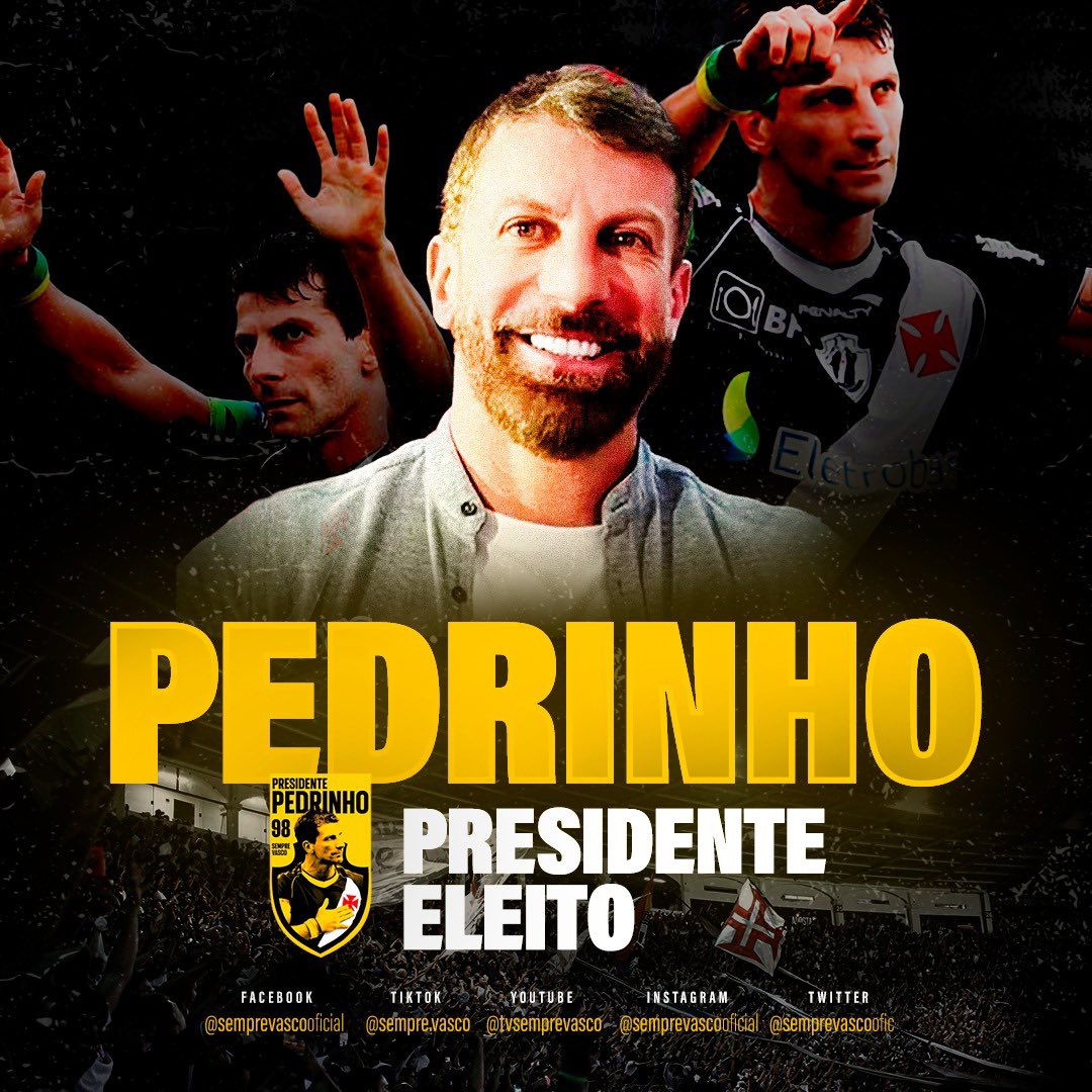 PEDRINHO É O NOVO PRESIDENTE DO CLUB DE REGATAS VASCO DA GAMA! 

Agradecemos a todos os vascaínos pelo apoio. Tenham certeza que será uma devoção ao nosso clube. 

Tenham certeza que o ídolo se preparou muito para abrir mão de tudo e voltar para casa.