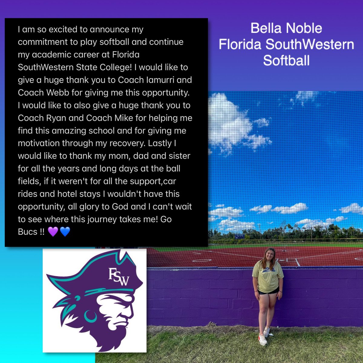 🚨 Commit Alert 🚨 Bella Noble is going to Florida SouthWestern State College to further her education and play softball! Super excited for Bella and her next journey after Rock Gold! Congratulations and GO BUCS! <a href="/BellaNoble2024/">Bella Noble</a> <a href="/FSWBucs/">Florida SouthWestern Buccaneers</a> <a href="/fswsoftball/">FSW Softball</a>