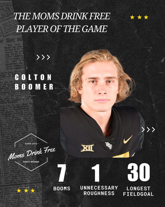 206 yards and 3 tds is still not enough to shine brighter than this weeks Moms Drink Free Player of the Game. Congratulations to Colton Boomer (<a href="/BoomerColton/">Colton Boomer</a>), MDF player of the game #BOOM