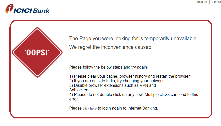 Diwali Gift by <a href="/ICICIBank/">ICICI Bank</a> <a href="/ICICIBank_Care/">ICICI Bank Cares</a> 

Web portal logging out itself. Not able to perform any transactions or view the page. Thanks for bumper Diwali gift. 

May goddess Lakshmi teach you good lesson in the upcoming financial year.