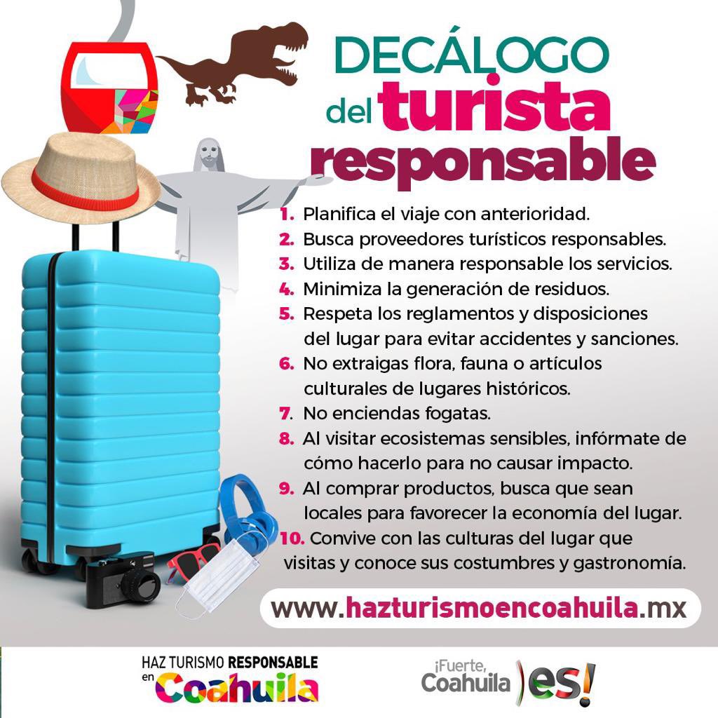 ¡Haz de tu viaje por Coahuila una de tus mejores experiencias!

Sé un #TuristaResponsable siguiendo este Decálogo Universal.

¡Haz turismo responsable en Coahuila! 

#biodiversidad #conservación #ANP #Coahuila #turismosustentable
#MéxicoNatural