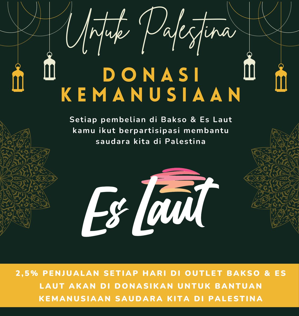 Setiap pembelian di Bakso & Es Laut, kalian ikut berpartisipasi membantu saudara kita di Palestina. Semoga Allah SWT memudahkan jalan kita utk membantu saudara kita.. Aamiin Allahuma Aamiin..

#WeStandWithPalestinians #WeStandWithGaza