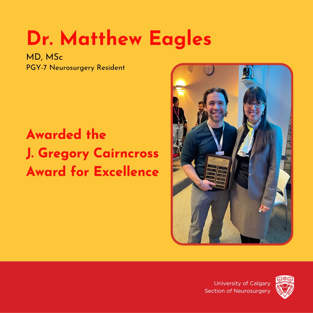Congratulations to our own Dr. Eagles!
Awarded the J. Gregory Cairncross Award for Excellence in Clinical Research.

RESEARCH TITLE: The Impact of Neighborhood Socioeconomic Status on Access to Endovascular Thrombectomy for Ischemic Stroke
<a href="/cgyneurosurg/">@calgaryneurosurg</a> <a href="/eags36/">Matt Eagles 🇨🇦</a> #ResearchDay