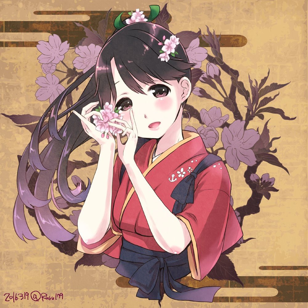 houshou (kancolle) 1girl solo japanese clothes flower ponytail long hair hair ornament  illustration images