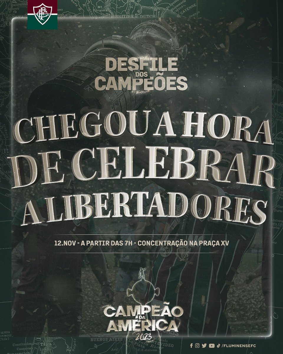 FluminenseFC's tweet photo. VAMOS, TRICOLORES! CHEGOU A HORA DE CELEBRAR A LIBERTADORES!

Amanhã é dia de, mais uma vez, a torcida Tricolor fazer história no Rio!

A concentração do Desfile dos Campeões é às 7h, na praça XV! VEEEEM!

Todas as informações >> https://t.co/xA01EjRYS3 https://t.co/E5HPdcE4JO
