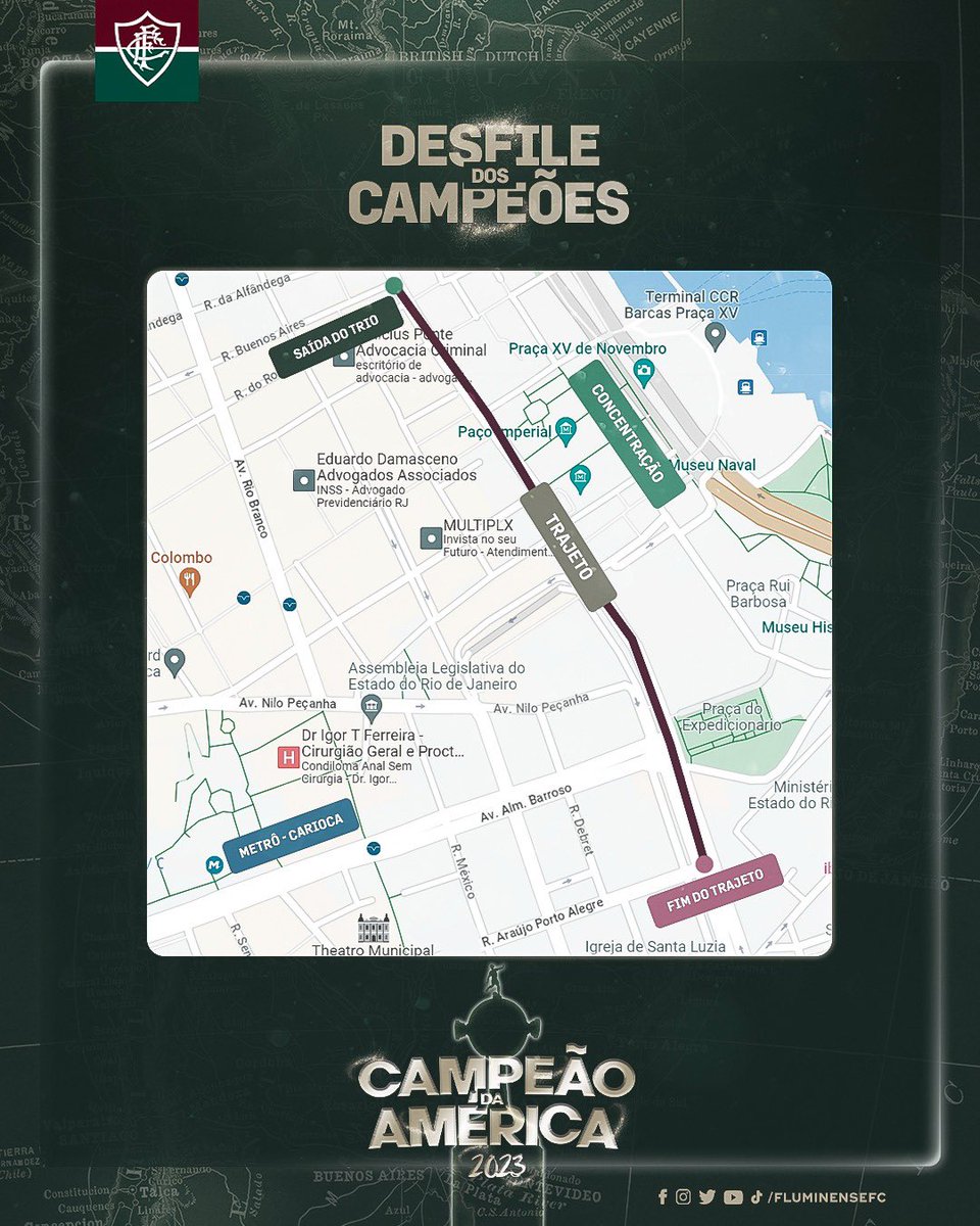 FluminenseFC's tweet photo. VAMOS, TRICOLORES! CHEGOU A HORA DE CELEBRAR A LIBERTADORES!

Amanhã é dia de, mais uma vez, a torcida Tricolor fazer história no Rio!

A concentração do Desfile dos Campeões é às 7h, na praça XV! VEEEEM!

Todas as informações >> https://t.co/xA01EjRYS3 https://t.co/E5HPdcE4JO