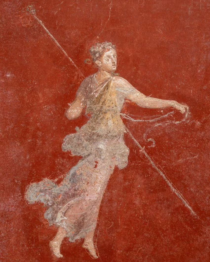 letajewelry's tweet photo. Gragnano, Villa rustica in Località Carmiano, Villa A. 79 AD. Excavated 1961 to 1963.

East wall, flying figure to left of fresco of Bacchus and Ceres. In her right hand she holds a ribbon and in the left a thyrsus. https://t.co/Io4Hxd0MFo