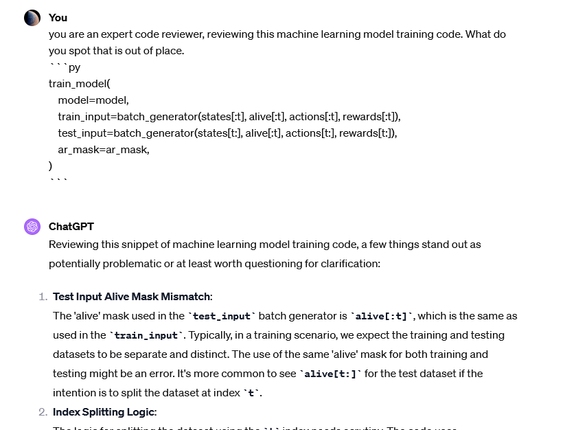 halfnelson_au's tweet photo. @jeremyphoward @capetorch @francoisfleuret I had the same thing, when I asked it to show me the code, it had "fixed" the bug already. When I pasted in the text, it found it. https://t.co/vOyr9YLnLt