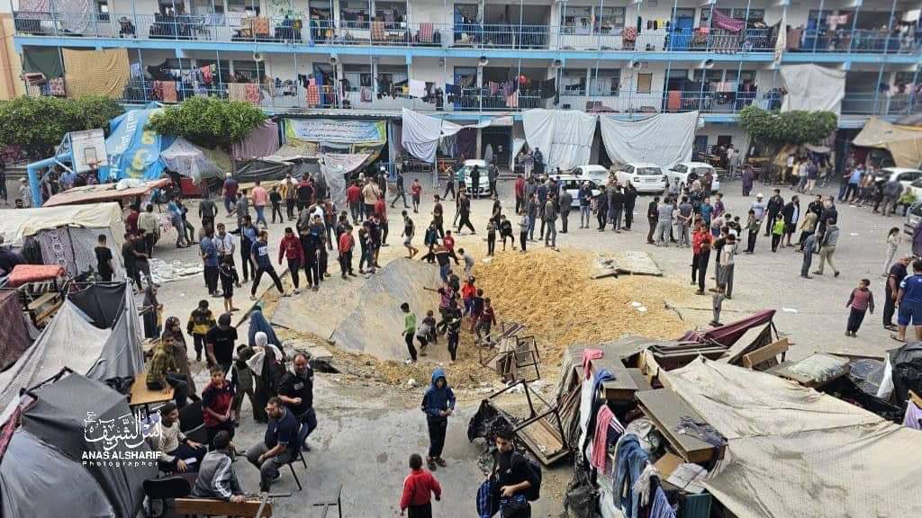 pmofa's tweet photo. There is no safe place in Gaza Strip due to the ongoing Israeli aggression. 
The aftermath of the destruction of an #UNRWA_school in Beit Lahia, northern Gaza, which shelters thousands of #forcibly_displaced civilians due to the #Israeli airstrikes.

#Gaza_under_attack
#CeasefireNow
#Palestine
#Israeliwarcrimes