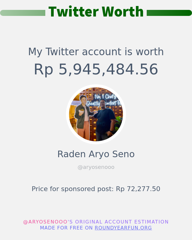 aryosenooo's tweet photo. Nilai Twitter Saya adalah: Rp 5,945,484.56

➡️ https://t.co/fMaAO04Fsm https://t.co/ACDpI2J1ee