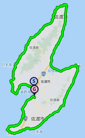 ツーリングサポーターのログを見返してたらちょうど佐渡一周の記録が残ってて、220Km弱で5時間30分だった。途中で写真5～6箇所くらい撮って、昼飯食って灯台で休憩とかしてもこんな感じ。「6時間あれば一周は余裕」佐渡一周したい方は覚えておいてくださいw 