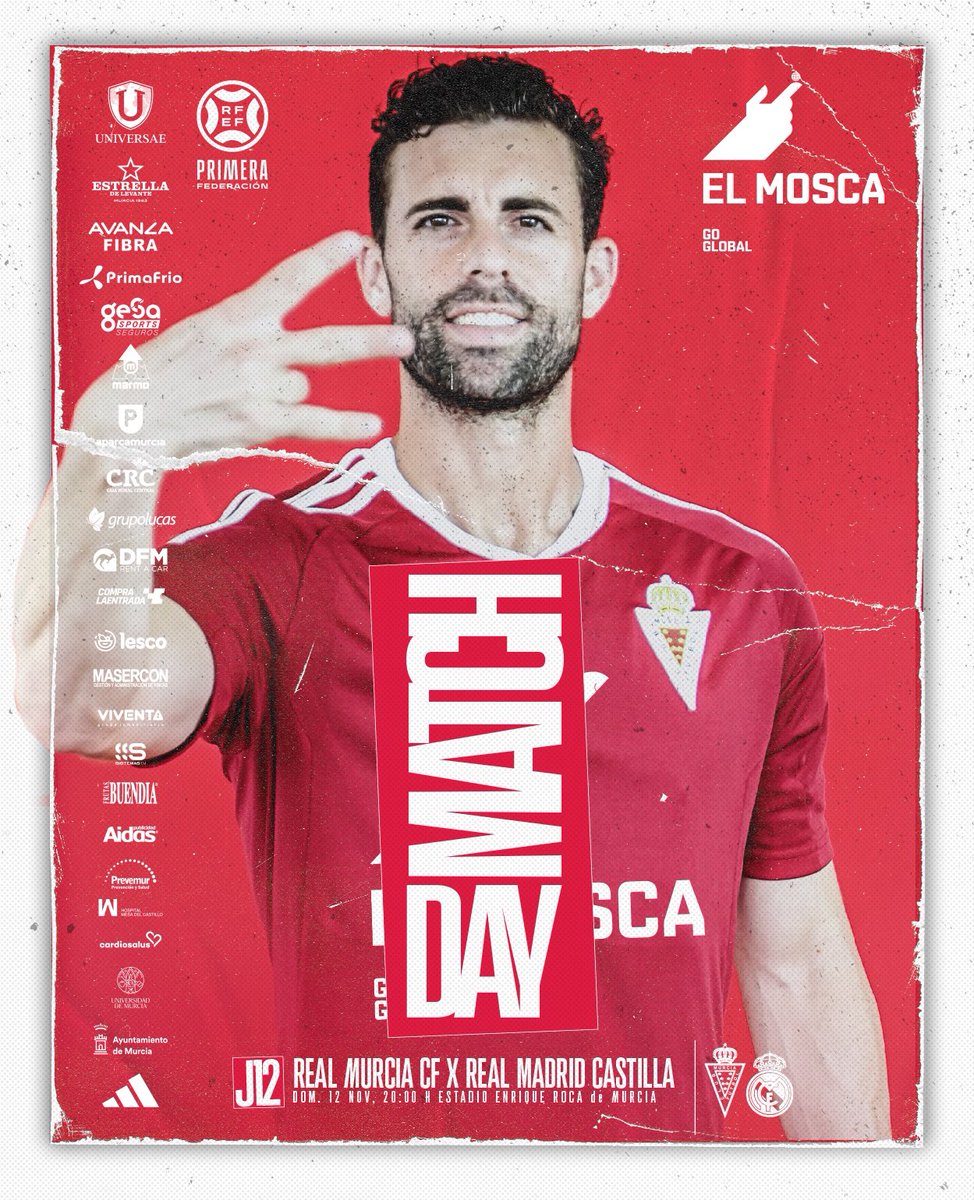 #MATCHDAY | ¡Buenos días!, hoy domingo 12/11/23 a las 20:00 horas en el Estadio Enrique Roca de Murcia jornada 12 de liga <a href="/realmurciacfsad/">Real Murcia CF</a> vs <a href="/lafabricacrm/">Cantera Real Madrid</a> 

¡VAMOS EQUIPO!
¡CONTIGO AFICIÓN!, os esperamos. 

🎟️ Hazte con tu entrada 𝗢𝗡𝗟𝗜𝗡𝗘 aquí: realmurcia.compralaentrada.com