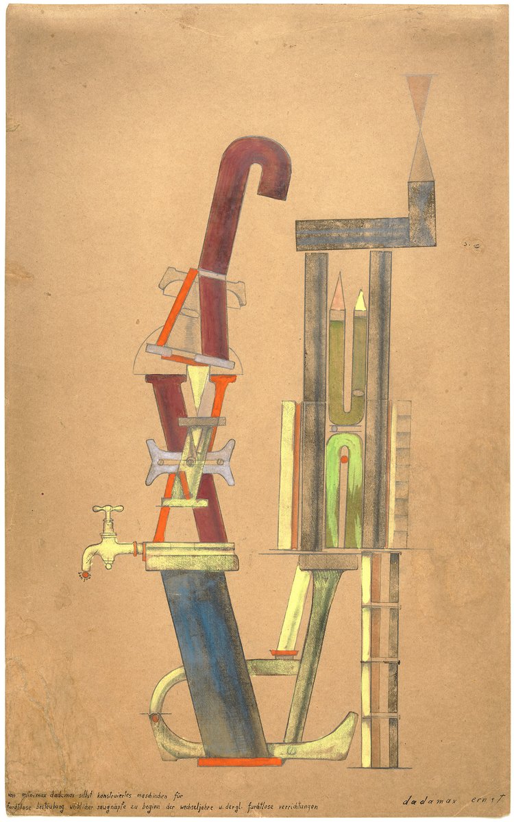 Little Machine Constructed by Minimax Dadamax in Person by Max Ernst via Guggenheim Museum
49.4x31.5 cm
Handprinting, pencil and ink frottage, watercolor, and gouache on heavy brown pulp paper
The Solomon R. Guggenheim Foundation Peggy Guggenheim Collection, Venice, 1976