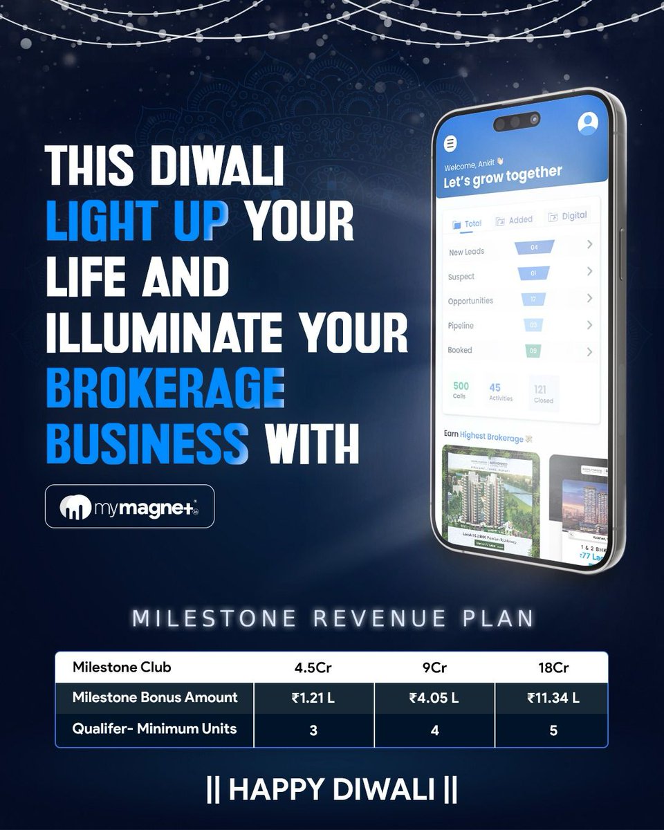 🪔 Happy Diwali 🪔   This diwali illuminate your brokerage business path with milestone revenue plan brought you by your brokerage partner MyMagnet.io  Lets glow and grow together