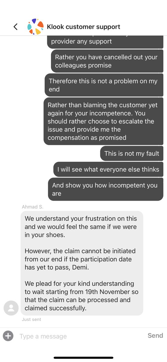 demicua's tweet photo. @KlookTravel’s #customersupport is a #scam. They made me wait for 7 days for a refund that would never come.

Now the new #customersupport agent has decided to cancel his colleagues claim. He now told me its my fault for believing the other agent. 

What a joke. #Klook #Scam https://t.co/UuZx8pwUdF