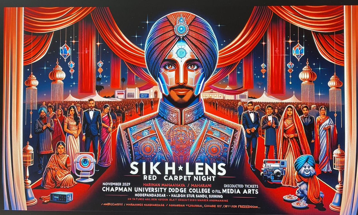 '🌟 Sikhlens Red Carpet Night, Nov 17, Chapman U's Dodge College. Experience films like 'American Sikh,' 'Connecting the Dots,' 'Sarabha-Cry for Freedom.' Meet stars like Sumita Batra & Harjinder Sandhu. Dress in Indian/Western formal. 🎟️ 50% off! Doors 6:30 PM. #Sikhlens2023'