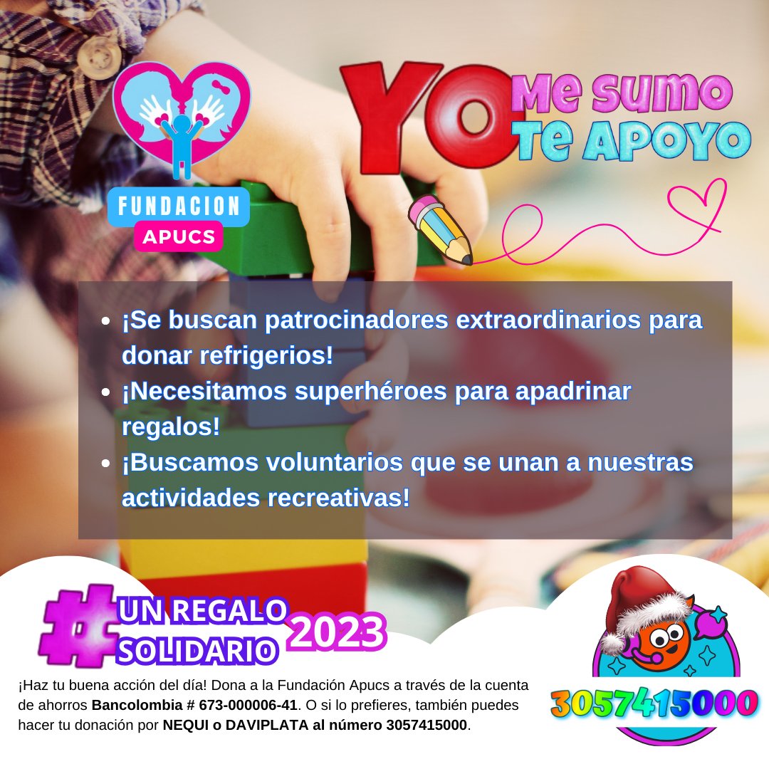 ¡Un Regalo Solidario 2023!🎄❤️🎁
Únete a nosotros para hacer una diferencia significativa en la vida de más de 350 niños en Usme, Ciudad bolivar, Soacha, y Madrid. Puedes apadrinar el regalo de Navidad de un niño o contribuir donando refrigerios. 
 #YomesumoYoteapoyo