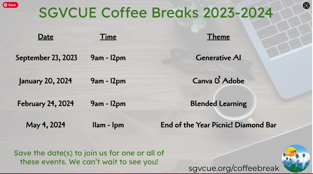 Please save the dates for our Coffee Breaks. More info to come!!!!