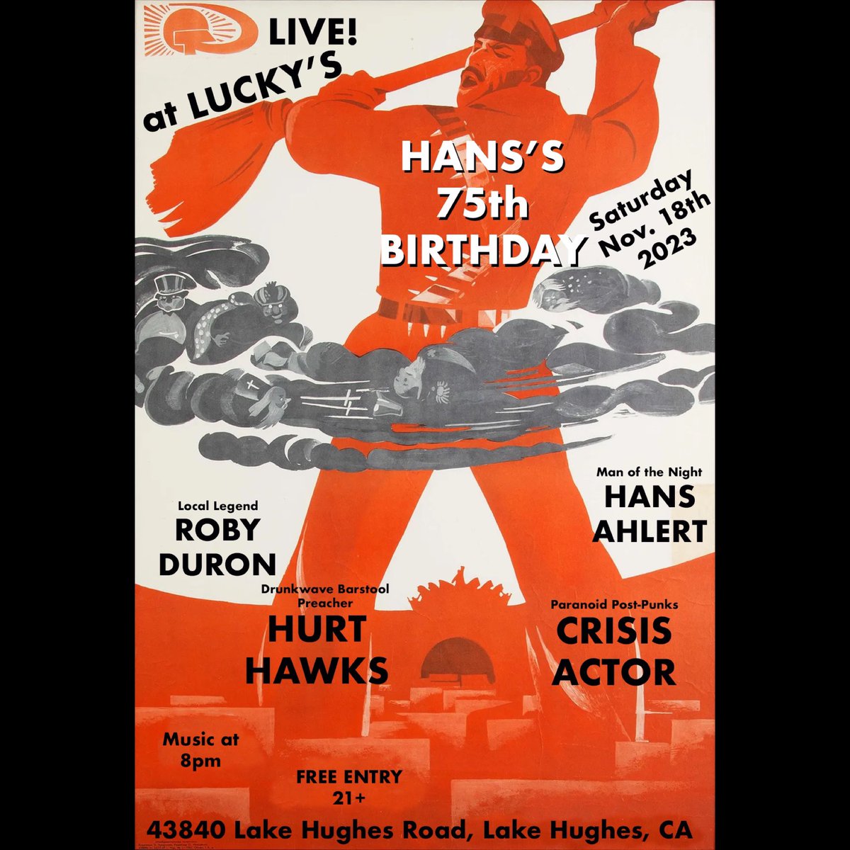 What’s this asshole smiling about? @crisis_actor_band is taking a short trip out to Lake Hughes to celebrate @ahlerthans ‘s Birthday Next Saturday at Lucky’s with <a href="/hurthawks/">Thomas Livingston</a> and @robyduron ! Gonna be sick!