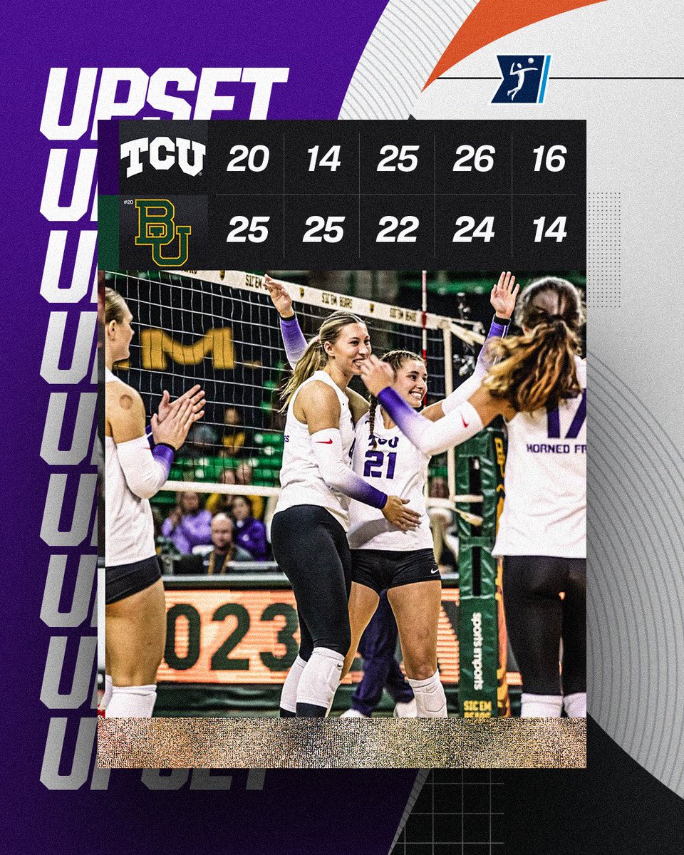 NCAA Women's Volleyball (@ncaavolleyball) on Twitter photo OHHHH TO BE A HORNED FROG ๐ธ
<a href="/TCUvolleyball/">TCU Volleyball</a> upsets No. 20 Baylor in a reverse sweep ๐งน
#NCAAWVB OHHHH TO BE A HORNED FROG ๐ธ
<a href="/TCUvolleyball/">TCU Volleyball</a> upsets No. 20 Baylor in a reverse sweep ๐งน
#NCAAWVB