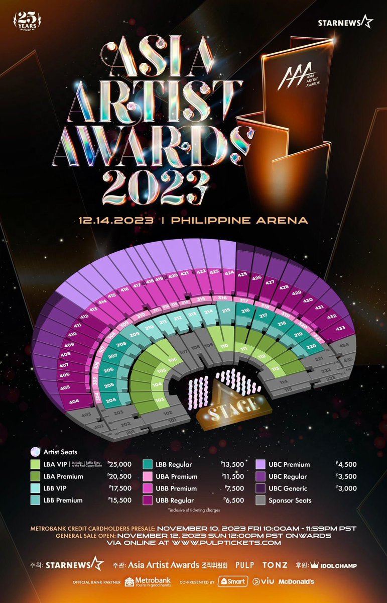 TICKETS OUT NOW ✨ 50 stars, 1 Event. The biggest stars of Asia are coming to the Philippine Arena for the 2023 Asia Artist Awards on December 14! Witness the historic 5-hour show feat your favorite Asian stars! Grab your tickets now at pulptickets.com #AAA2023inPH