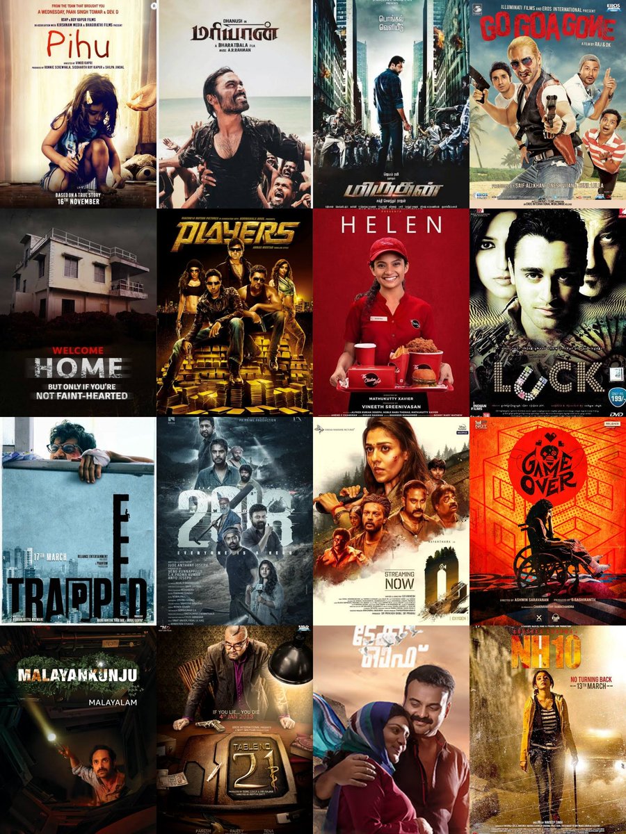 THREAD FOR GOOD INDIAN SURVIVAL THRILLER MOVIES 🥵

1. Pihu
2.Maryan
3. Miruthan
4. Go Goa Gone 
5. Welcome Home
6. Players
7. Helen
8. Luck
9. Trapped
10. 2018
11. O2
12. Game Over
13. Malayankunju
14. Table No 21
15. Take Off
16. NH10

#survival #thriller