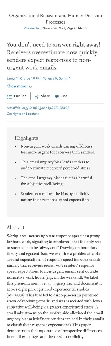 Want to make life a little better for you coworkers? Don’t send emails outside of work hours (or, if you do, communicate they are not urgent). Receivers way over-estimate how urgent out-of-work messages are compared to the actual goals of the email senders, causing stress.