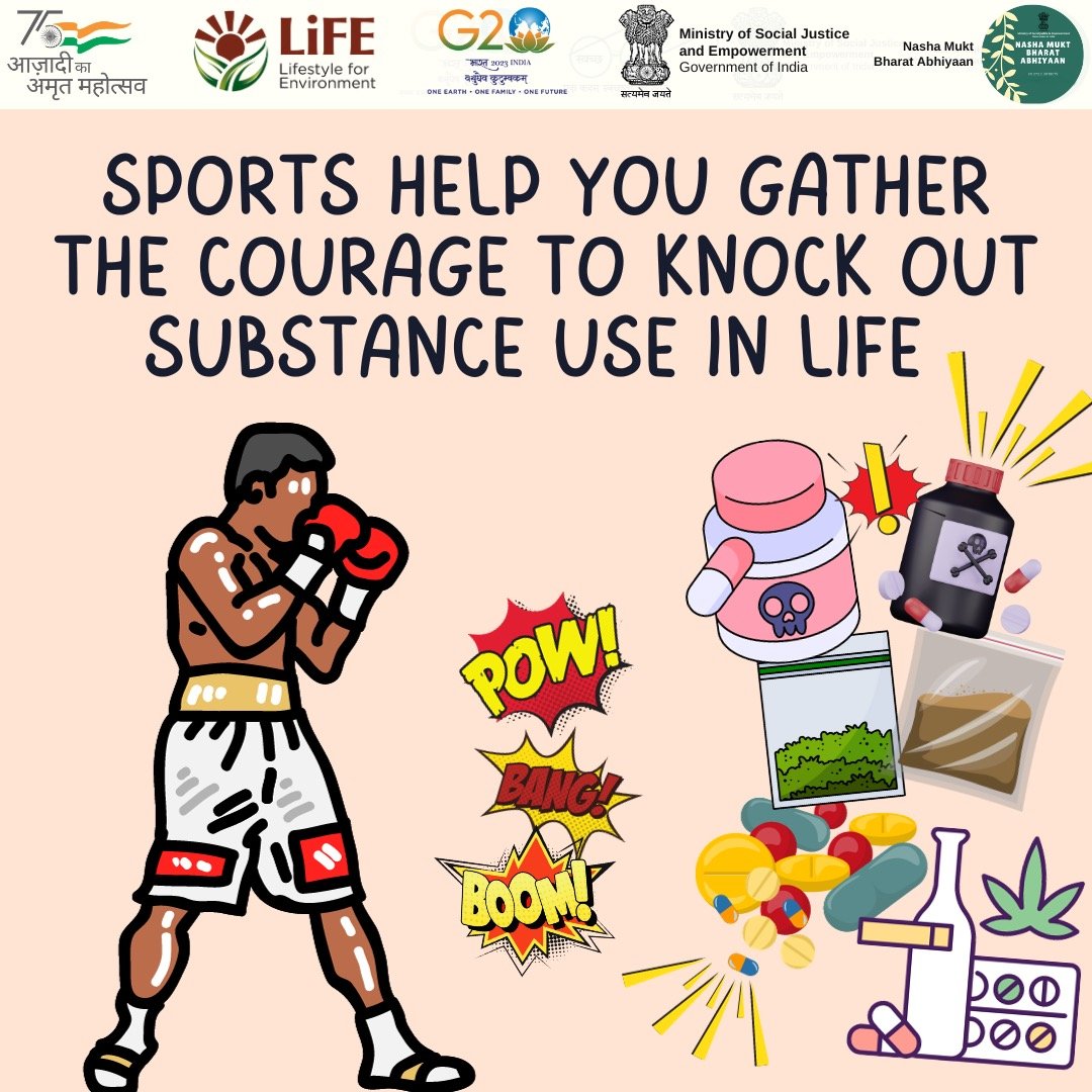 Sports as an alternative to substance use! Sports can help you gather the courage to knock out substance use from your lives. @HMOIndia @msjegoi @_saurabhgarg @Drvirendrakum13 @PMOIndia @NITIAayog @MoHFW_INDIA @UNODC #NMBA #drugfreeindia