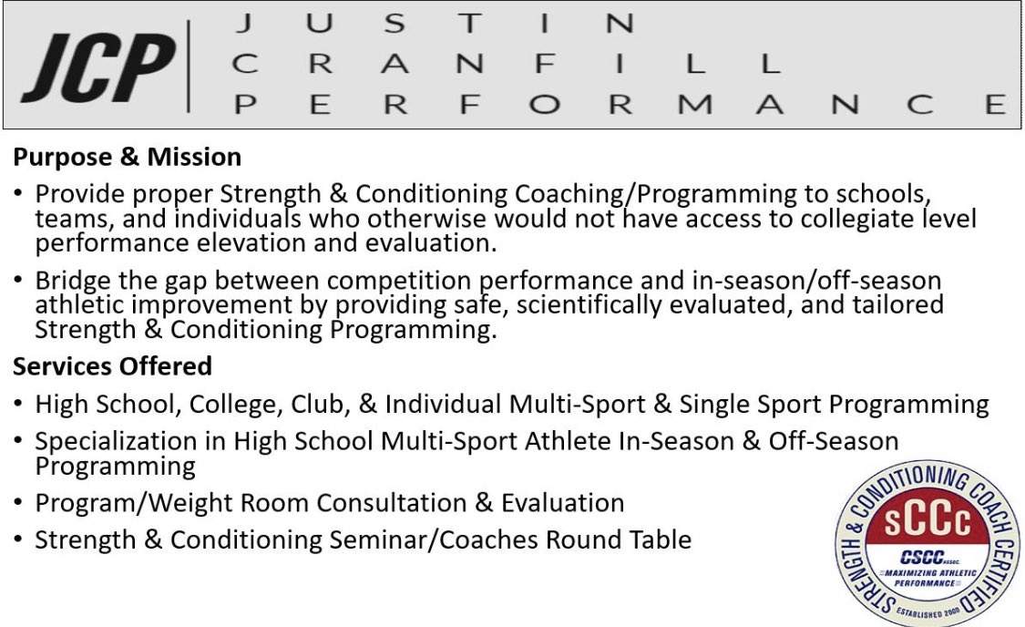 Justin Cranfill here, of JCP. Certified strength &amp; conditioning coach (CSCCa) with over 12 years of experience. Goal of providing S&amp;C Programming to schools &amp; individuals who may not have access certified S&amp;C. Excited to launch this business and help athletes. Please share!