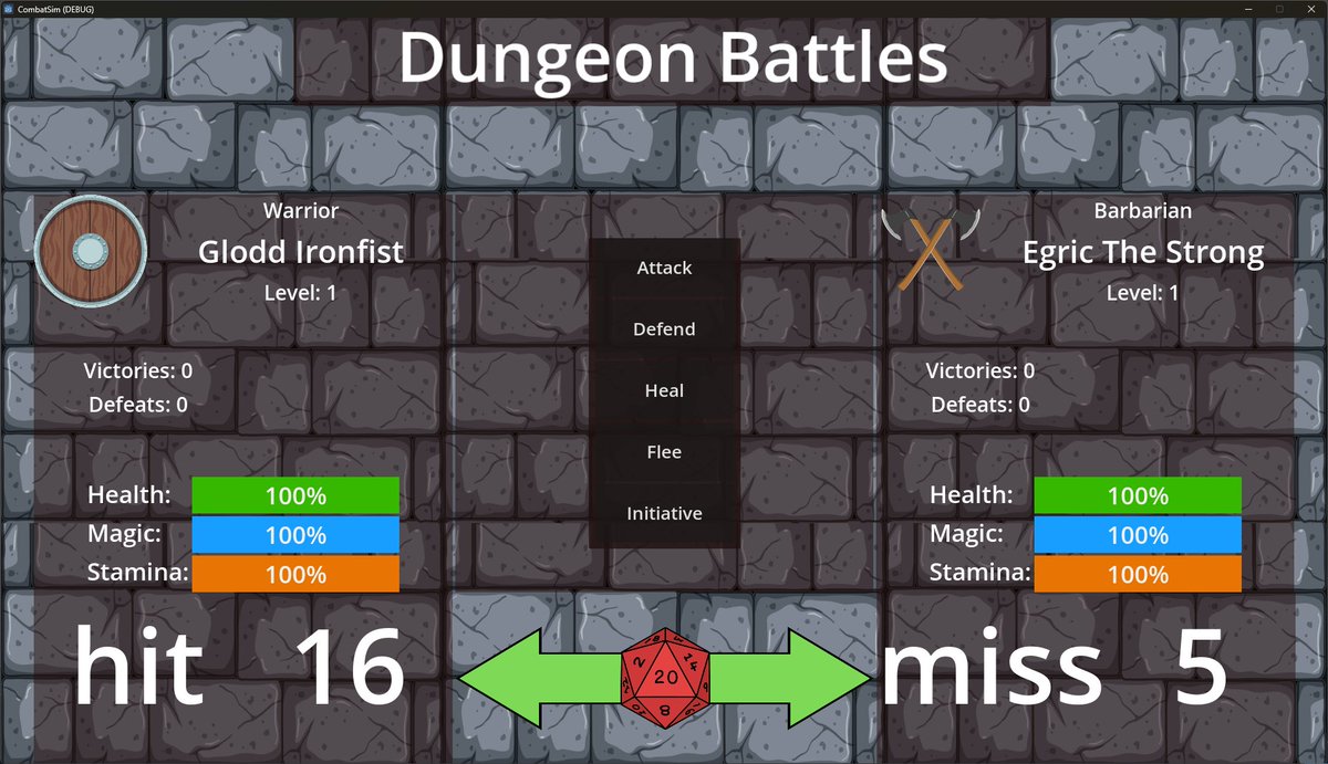 ProfitzTV's tweet image. More work on the game in #Godot4
Added the loot and combat roll section.
The green arrow will point toward player or enemy who wins initiative. Clicking D20 for combat rolls.
#GDScript #GameDev #IndieDev #Learning2Code