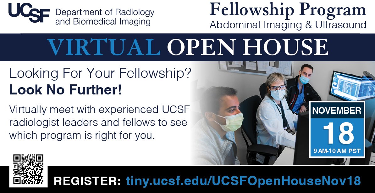 Looking for a top-notch fellowship program in the beautiful and diverse SF Bay Area? Join us at our virtual open house 11/17 &amp; 11/18 and learn about the Abdominal Imaging &amp; Ultrasound fellowship program at UCSF! <a href="/UCSFimaging/">UCSF Imaging</a>, #abdrad, #radres, #radfellows