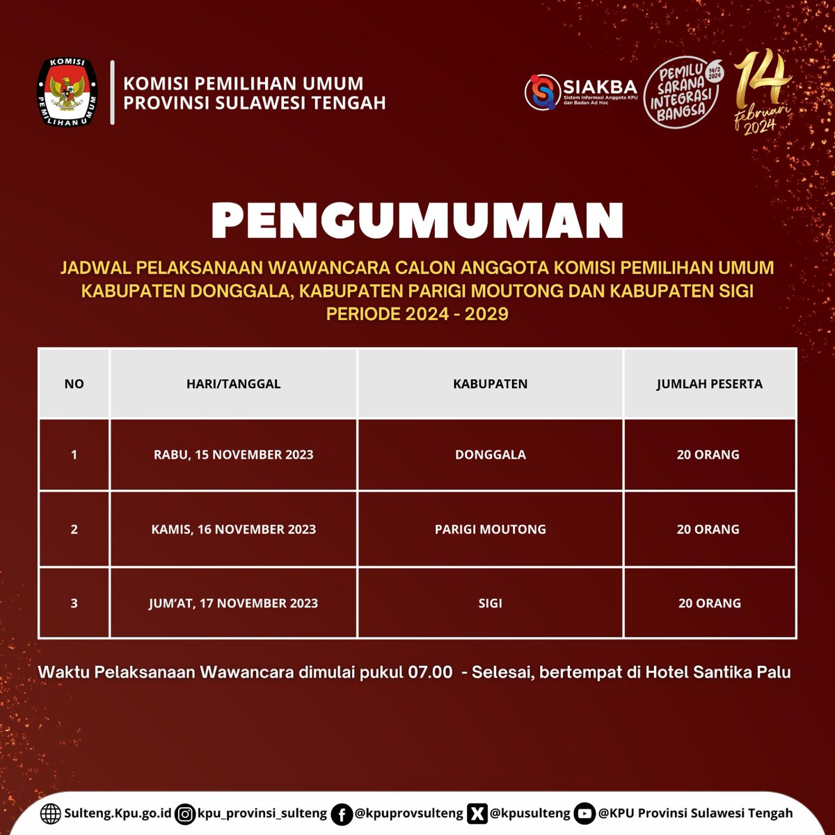 KpuSulteng's tweet photo. Bagi #TemanPemilih yang mengikuti seleksi KPU Kabupaten Donggala, Kabupaten Parigi Moutong dan Kabupaten Sigi berikut jadwal pelaksanaan wawancara masing-masing Kabupaten.

#KPUMelayani
#PemiluSerentak2024 https://t.co/fVUM1AxtJe