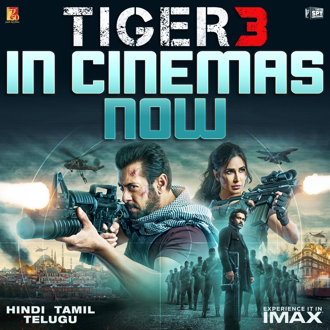 #Tiger3 is in cinemas now, see you there! 

Book your tickets now- bookmy.show/Tiger3 | m.paytm.me/tiger3

At your nearest big screen in Hindi, Tamil &amp; Telugu. 

#KatrinaKaif | <a href="/emraanhashmi/">Emraan Hashmi</a> | #ManeeshSharma | <a href="/yrf/">Yash Raj Films</a> | #YRF50 | #YRFSpyUniverse