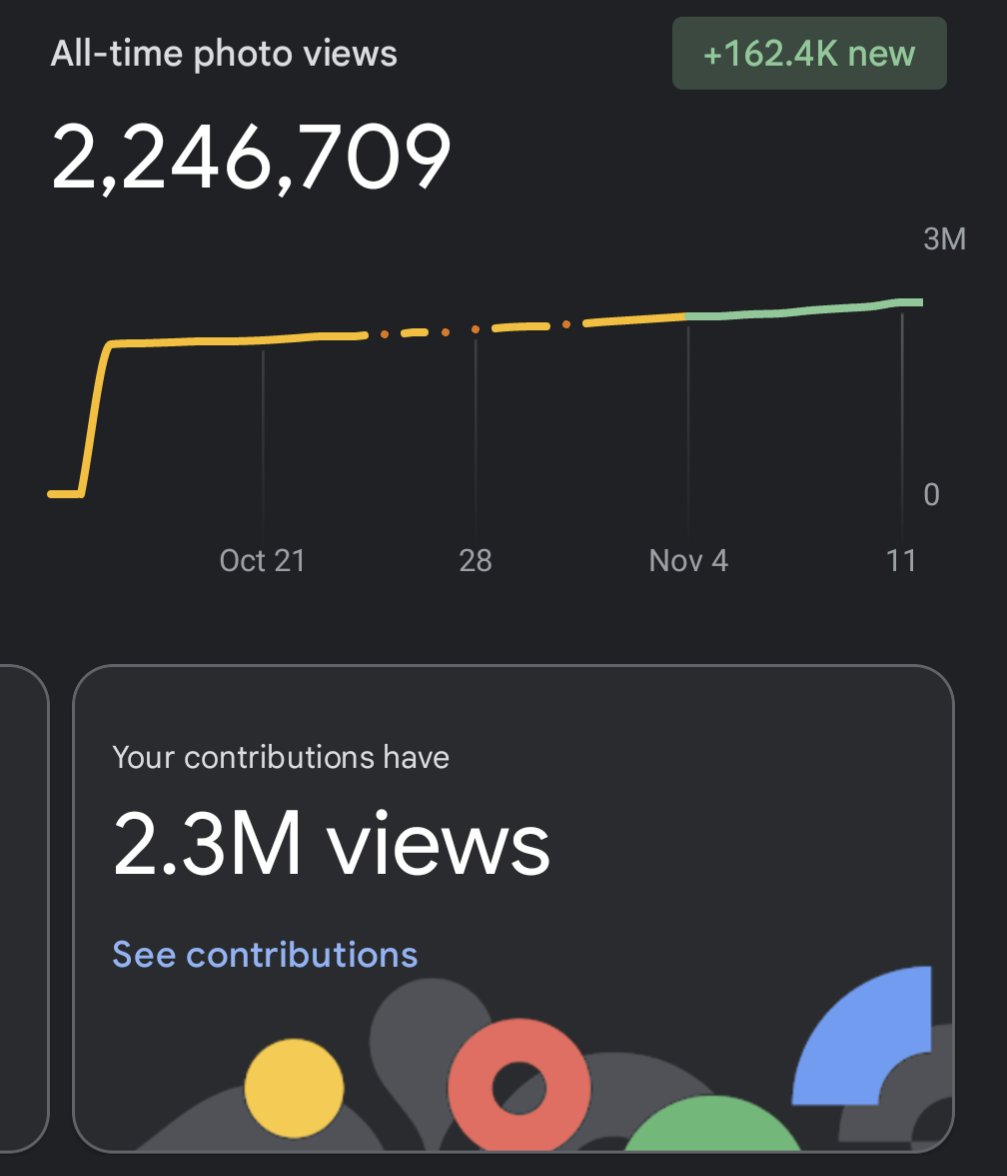 I forgot to post that we broke 2 million all time photo views last week. It's been a blast for my wife and I to write reviews for <a href="/googlemaps/">Google Maps</a> !